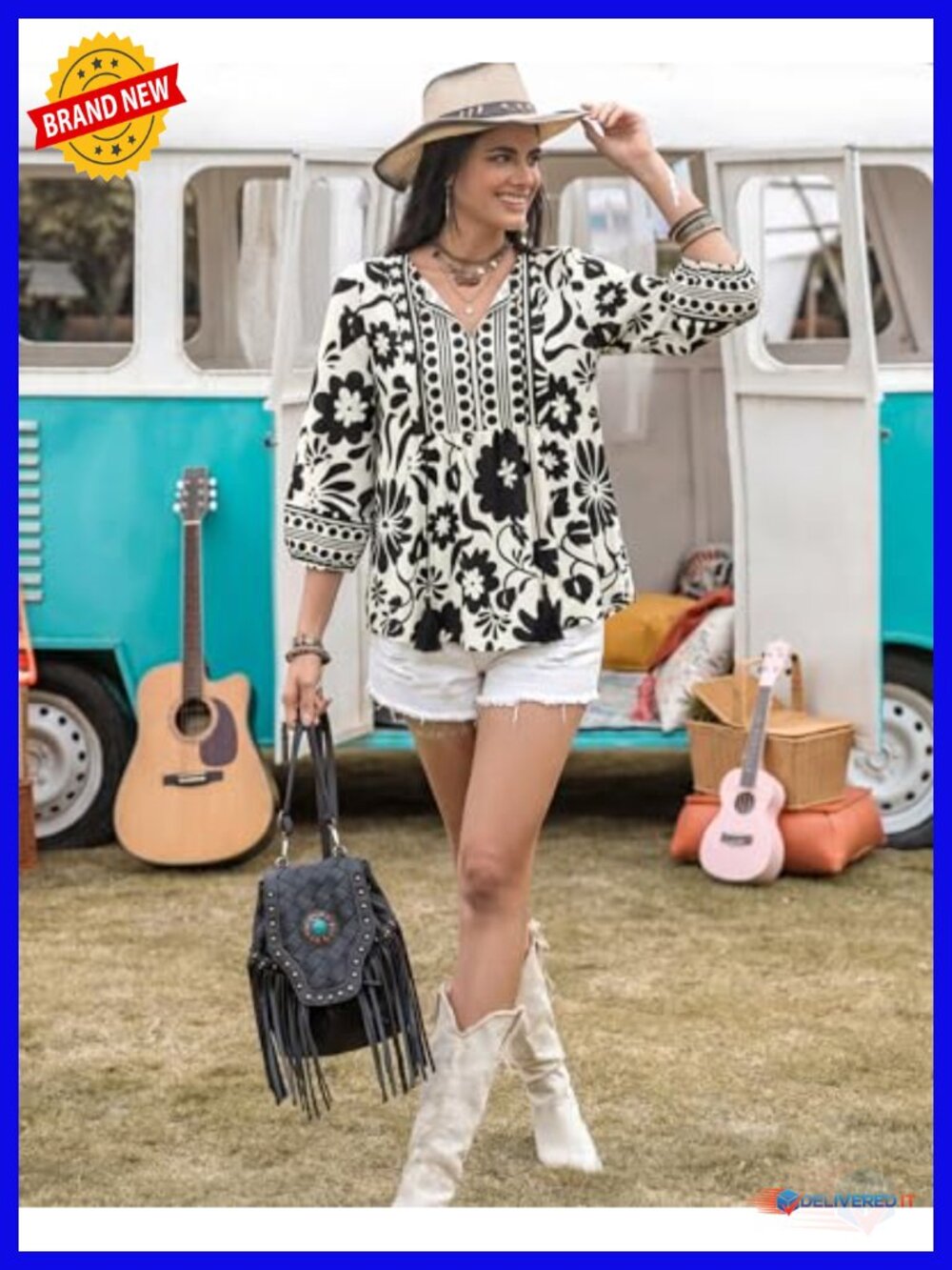 Boho Floral Babydoll Tunic Blouse 3/4 Lantern Sleeve Peplum Tie Front - Picture 4 of 6